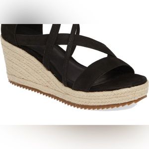 Eileen Fisher Wanda Cross Strap Wedge Sandal in Black Tumbled Nubuck Leather